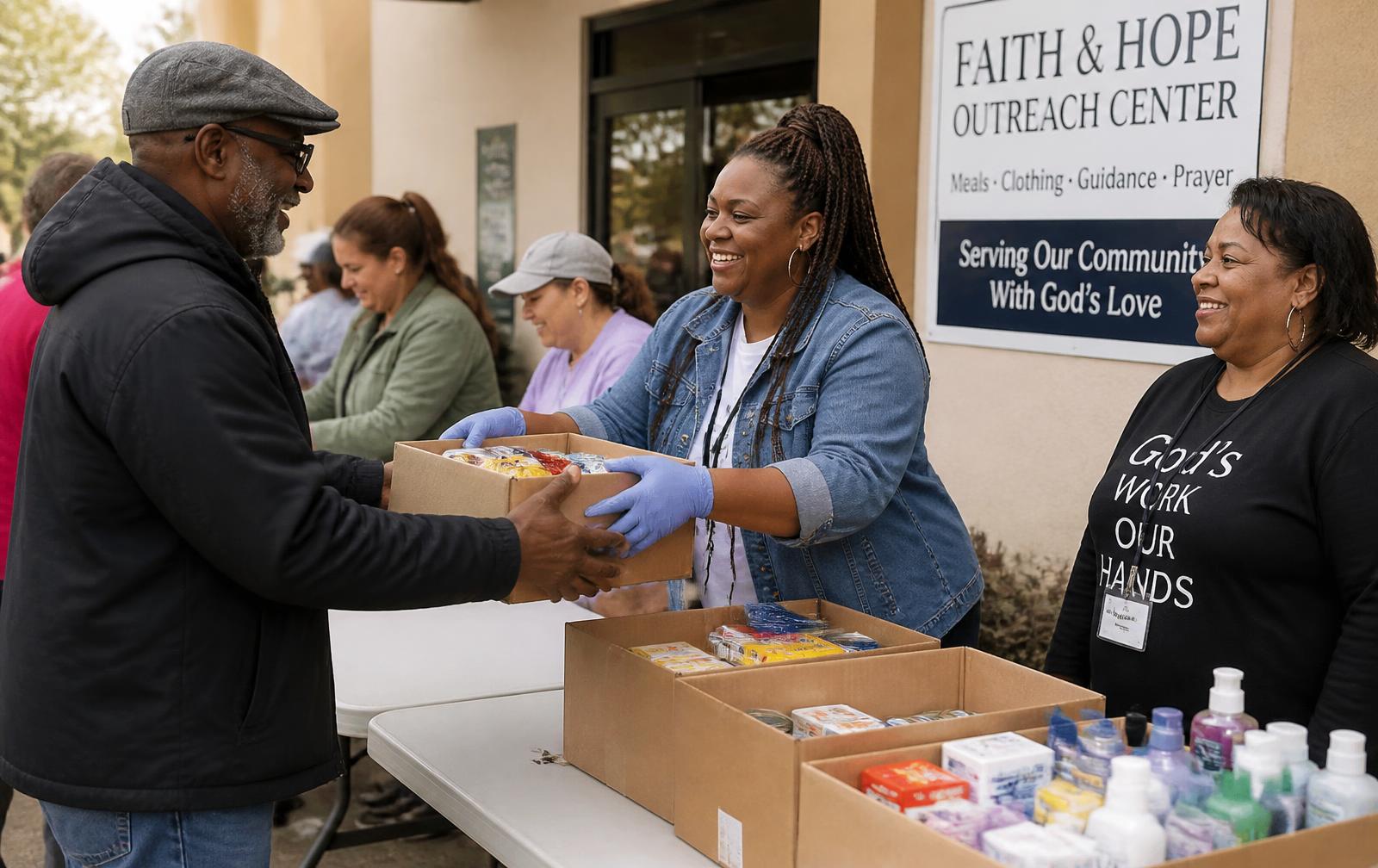 Volunteers handing a box of groceries to a neighbor at the community outreach center